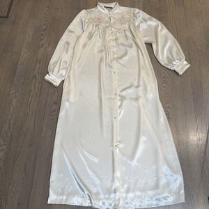 Vtg Sincerely Natalie Robe Maxi Button Down Pockets Ivory Satin Lace Size Small